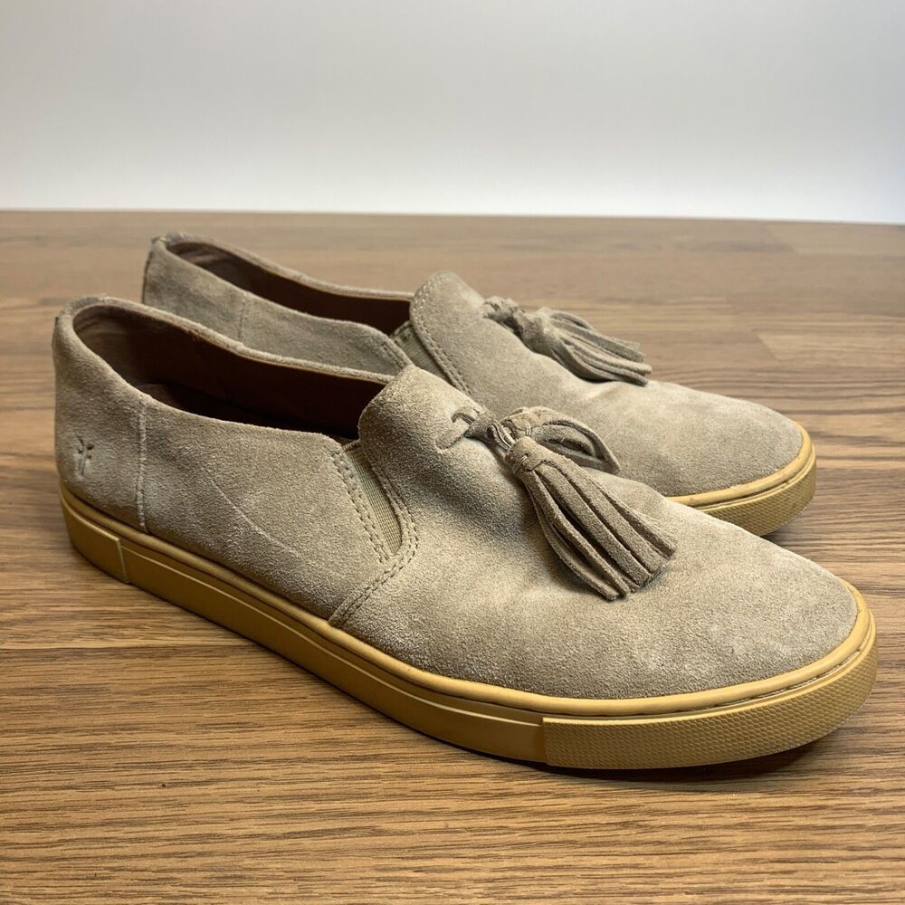 FRYE Womens 9M Ash‎ Beige Suede Leather Tassel Slip On Sneakers